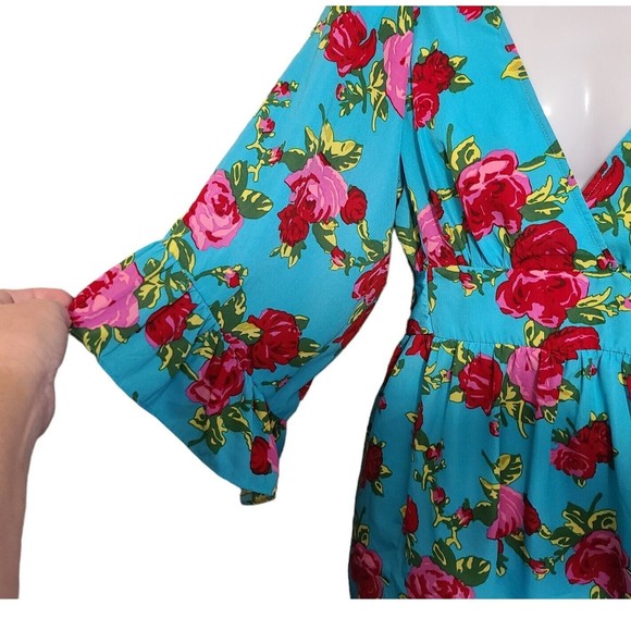 Betsey Johnson Tunic Top Women's M Colorful Floral Bell Sleeve Tie Sash Blouse - Picture 4 of 11